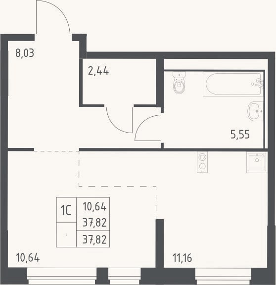 Планировка: Студия, 37,8 м²