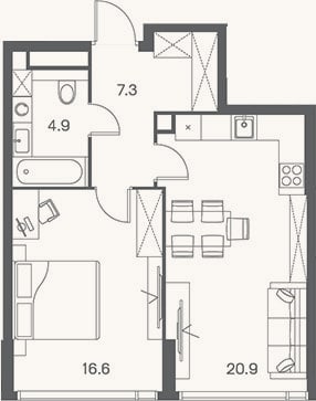 Планировка: 2-к, 49,7 м²