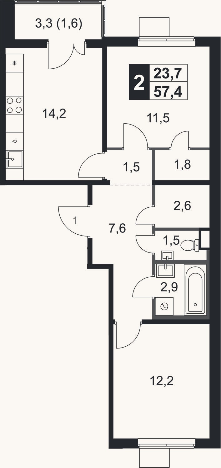 Планировка: 2-к, 55,8 м²