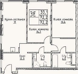 Планировка: 3-к, 72,2 м²