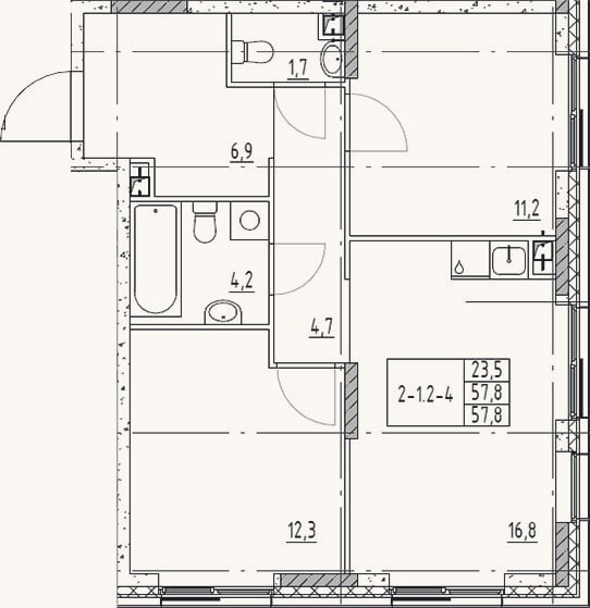 Планировка: 3-к, 57,8 м²