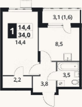 Планировка: 1-к, 32,4 м²