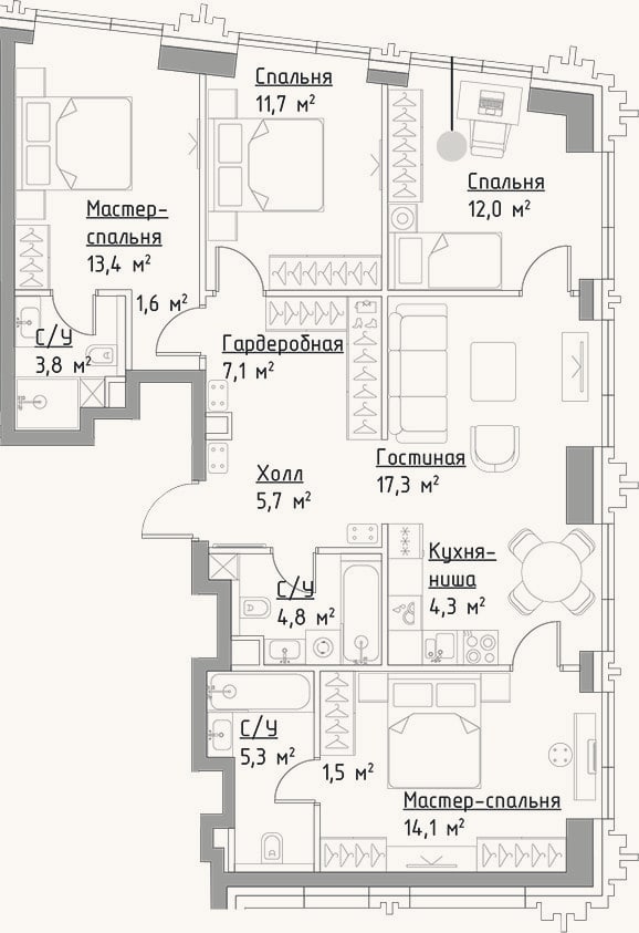 Планировка: 4+ к, 102,6 м²