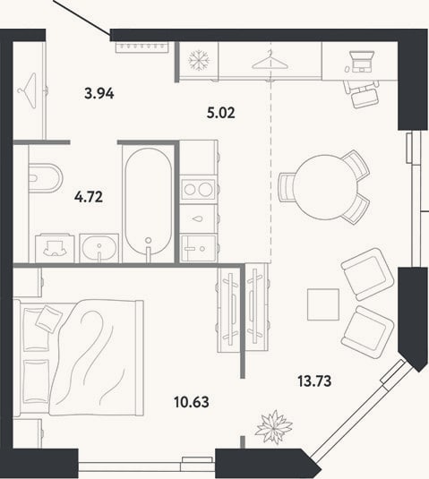 Планировка: 1-к, 38 м²