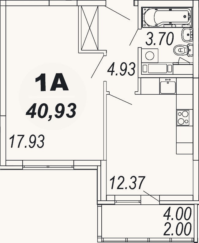 Планировка: 1-к, 38,9 м²