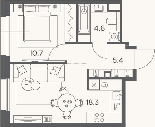 Планировка: 1-к, 39 м²