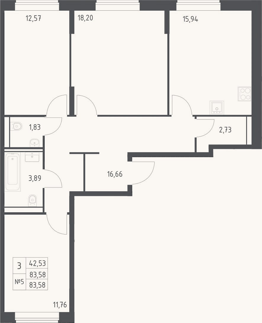 Планировка: 3-к, 83,6 м²