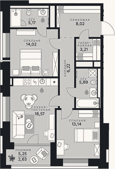 Планировка: 3-к, 74,2 м²