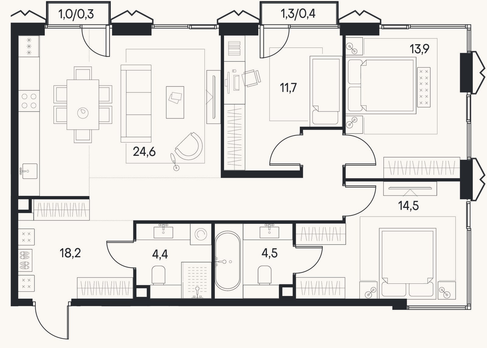 Планировка: 4+ к, 91,8 м²