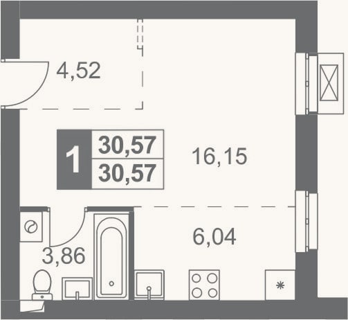 Планировка: Студия, 30,6 м²