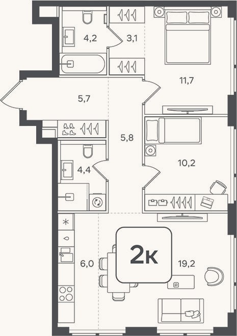 Планировка: 3-к, 70,3 м²