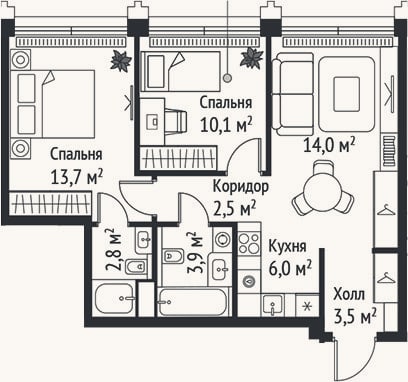 Планировка: 3-к, 56,5 м²