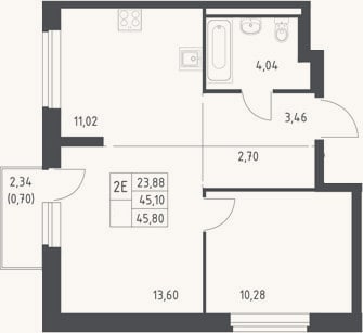 Планировка: 2-к, 45,1 м²
