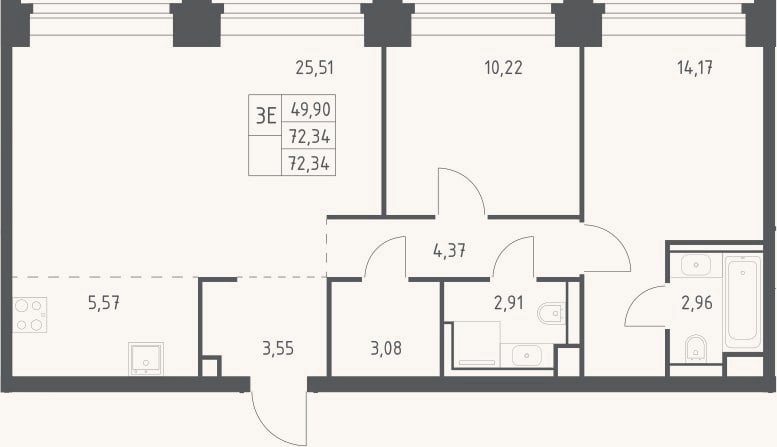 Планировка: 3-к, 72,3 м²