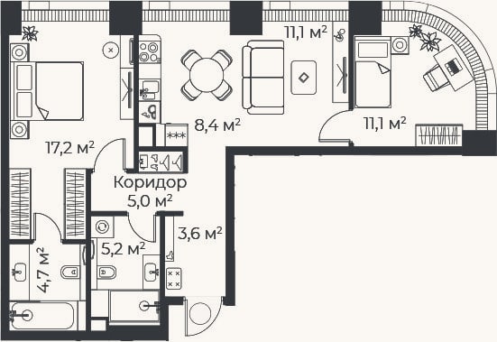 Планировка: 3-к, 66,4 м²