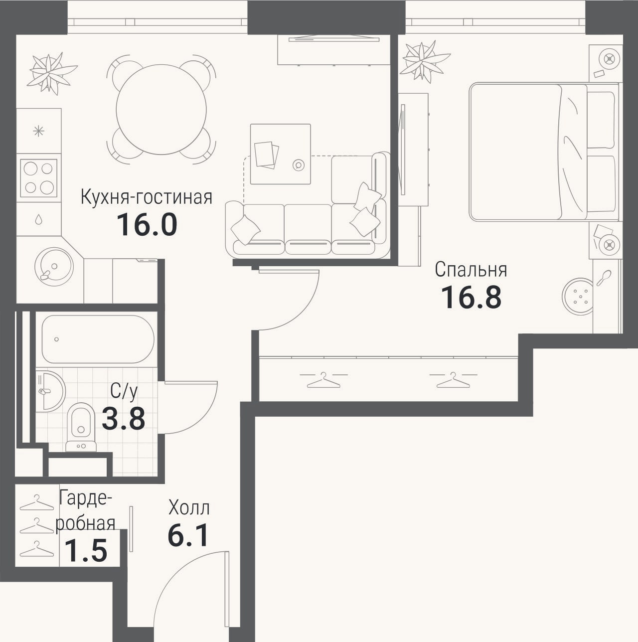 Планировка: 2-к, 44,2 м²