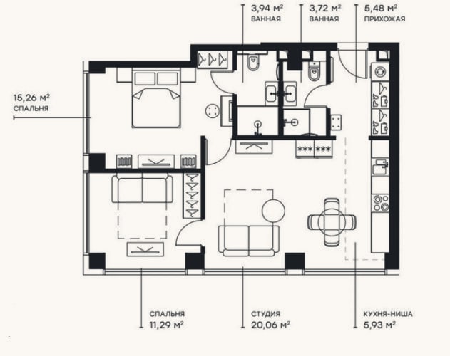 Планировка: 3-к, 65,7 м²