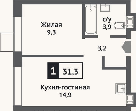 Планировка: 2-к, 31,3 м²