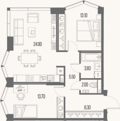 Планировка: 2-к, 69,4 м²