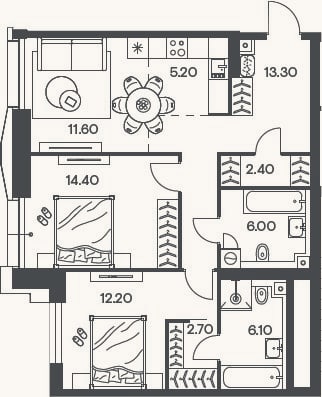Планировка: 3-к, 73,9 м²