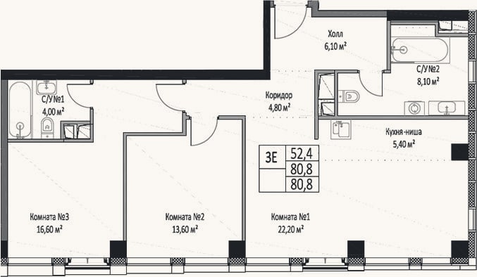 Планировка: 3-к, 80,8 м²