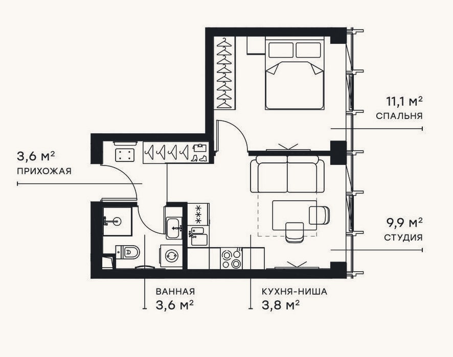 Планировка: 2-к, 31,9 м²