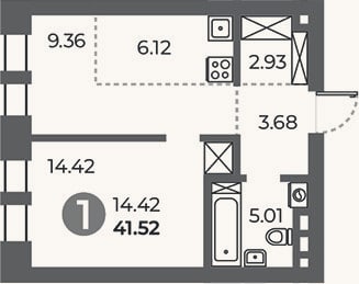 Планировка: 1-к, 41,5 м²