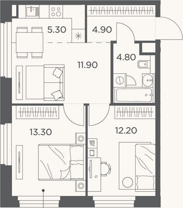 Планировка: 3-к, 52,4 м²