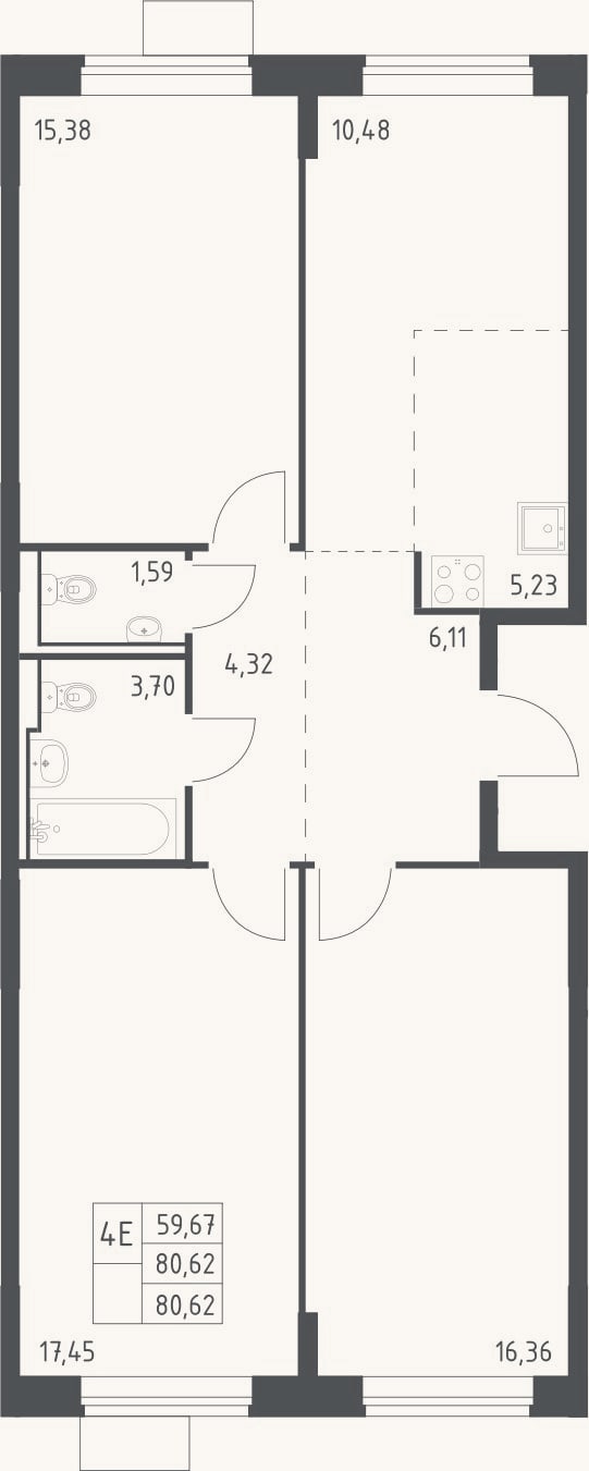 Планировка: 4+ к, 80,6 м²