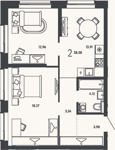 Планировка: 2-к, 58,6 м²