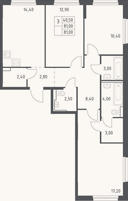 Планировка: 3-к, 81 м²