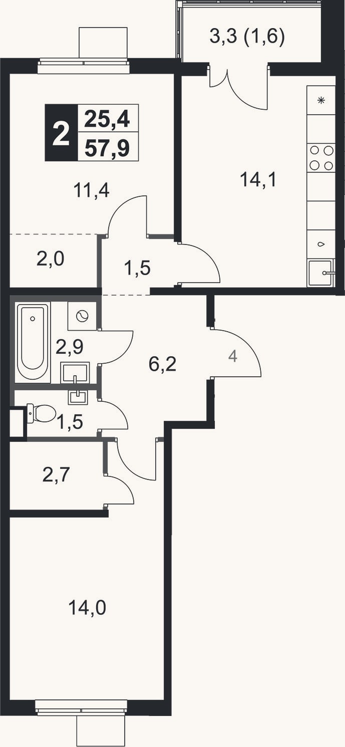 Планировка: 2-к, 56,3 м²