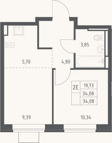 Планировка: 2-к, 34,1 м²