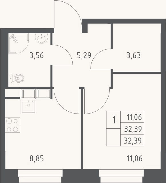 Планировка: 1-к, 32,4 м²