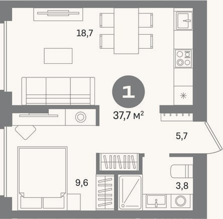 Планировка: 1-к, 37,7 м²
