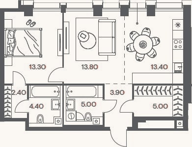 Планировка: 2-к, 61,2 м²