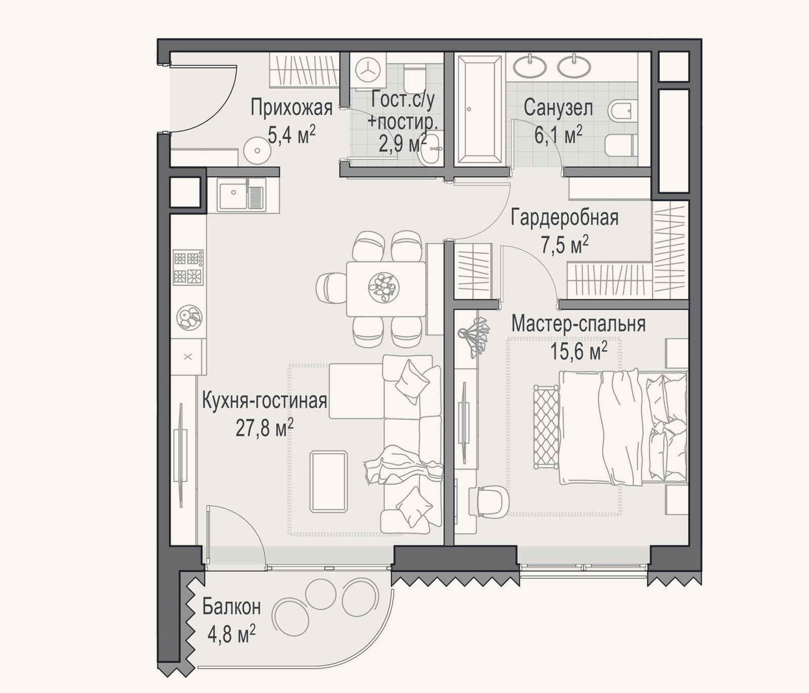Планировка: 2-к, 64,6 м²