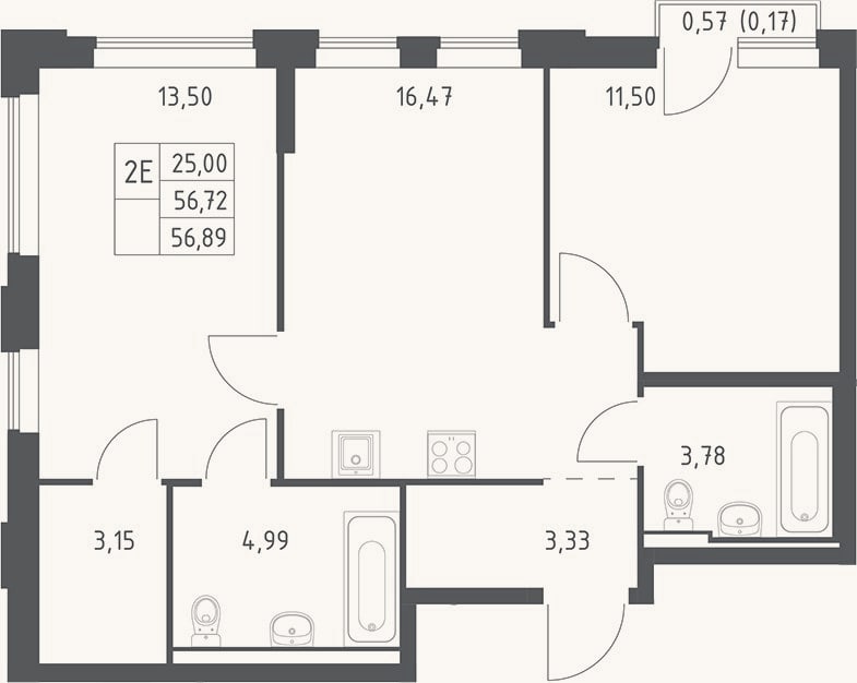 Планировка: 3-к, 56,7 м²