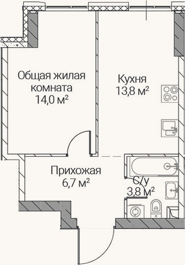 Планировка: 1-к, 38,3 м²