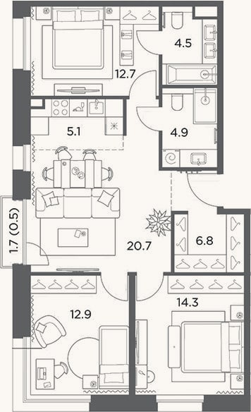 Планировка: 4+ к, 81,9 м²