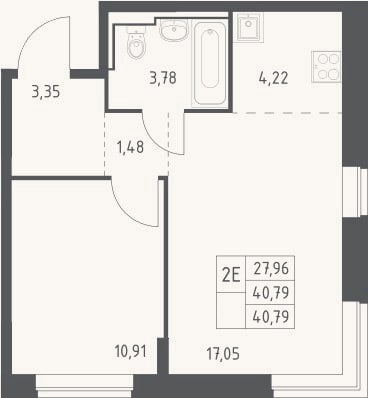 Планировка: 2-к, 40,8 м²