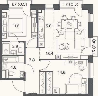 Планировка: 3-к, 65,7 м²
