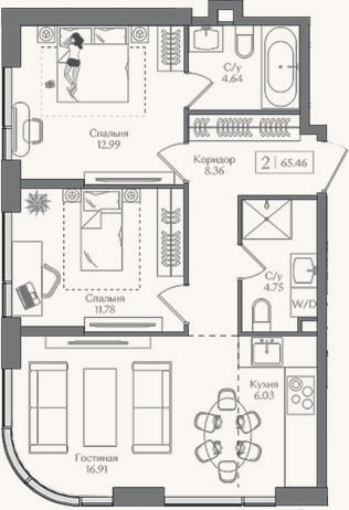 Планировка: 3-к, 65,5 м²