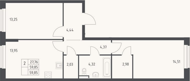 Планировка: 2-к, 59,9 м²