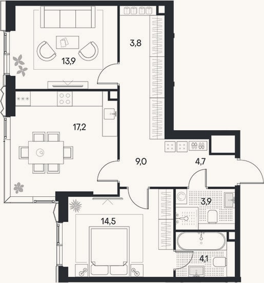 Планировка: 3-к, 71,1 м²