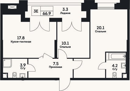 Планировка: 3-к, 63,6 м²