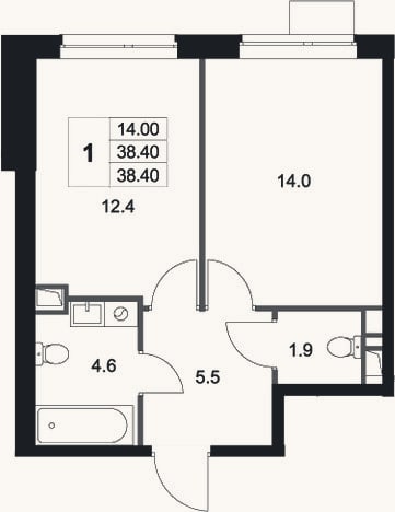 Планировка: 1-к, 38,4 м²