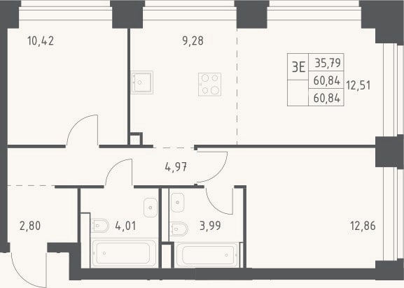 Планировка: 3-к, 60,8 м²