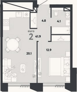 Планировка: 2-к, 41,9 м²