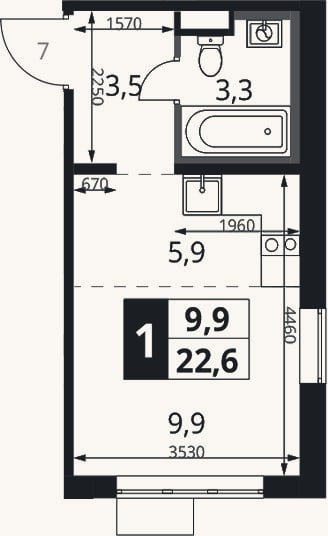 Планировка: Студия, 22,6 м²